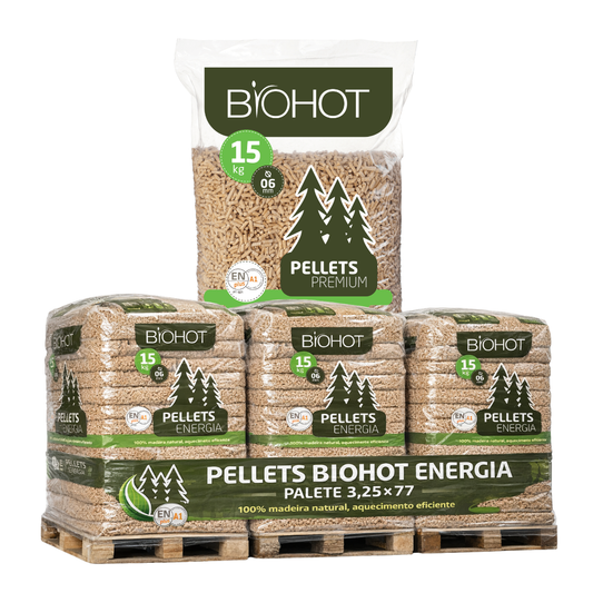 Pellets Biohot Energia – Palete 3,25×77, embalagem de 3 unidades.