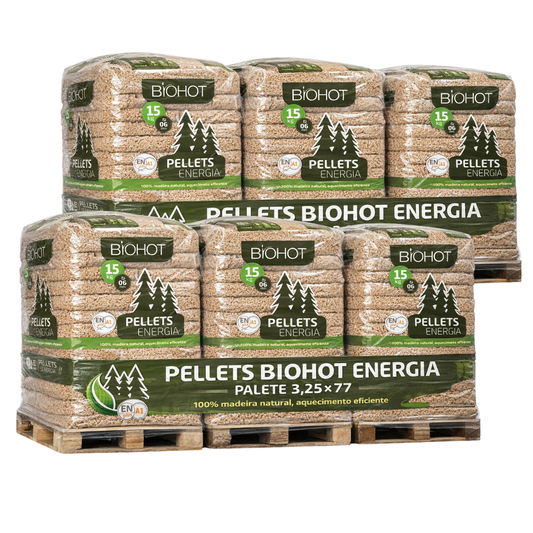 Pellets Biohot Energia – Palete 3,25×77, embalagem de 6 unidades.